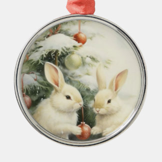 Christmas Bunnies Tree Family Metal Ornament