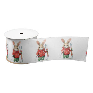 Christmas Bunnies With Skis and Snowflakes Satin Ribbon