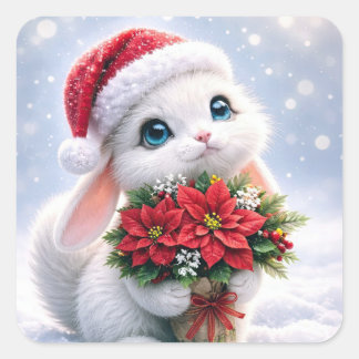 Christmas Bunny and Flowers Holidays Square Sticker