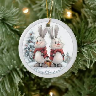Christmas Bunny and gift, personalized Ceramic Ornament