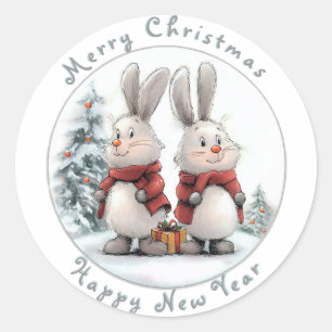 Christmas Bunny and gift, personalized Classic Round Sticker