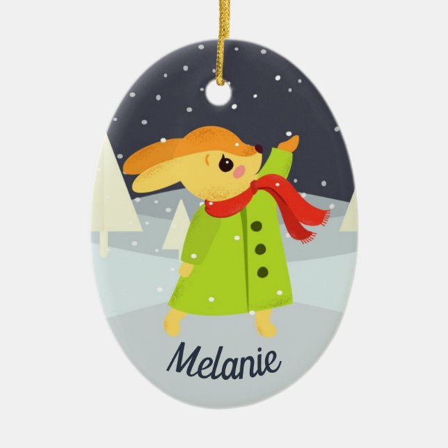 Christmas Bunny Catching Snowflakes Cute Ceramic Ornament (Front)