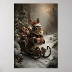 Christmas Bunny on Sleigh, Cozy Winter Animal Art Poster