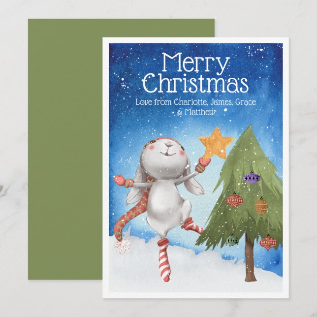 Christmas Bunny Rabbit Decorating Tree Snow Card (Front/Back)