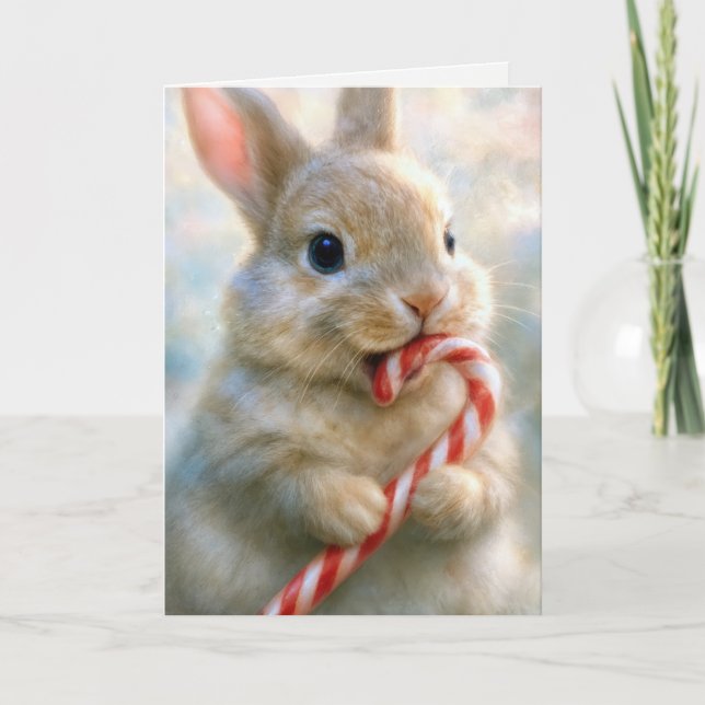 Christmas Bunny Rabbit Nibbling On a Candy Cane Card (Front)