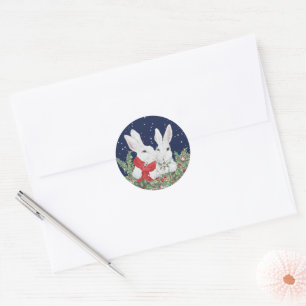 Christmas Bunny Rabbit Snow Greenery Holiday Art Classic Round Sticker