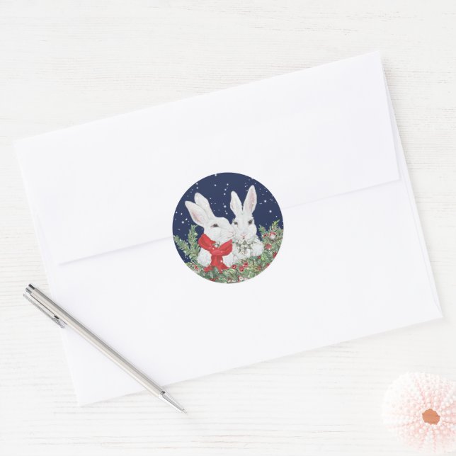 Christmas Bunny Rabbit Snow Greenery Holiday Art Classic Round Sticker (Envelope)