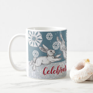 Christmas Bunny Rabbits & Snowflakes Blue Glitter Coffee Mug