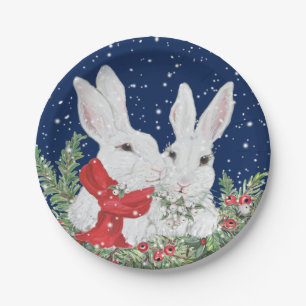Christmas Bunny Rabbits Winter Holiday Blue Cute Paper Plate