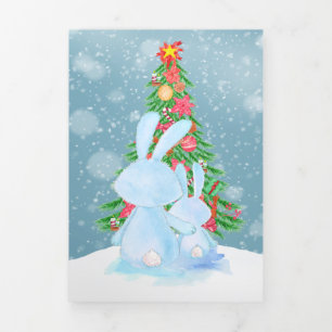 Christmas Bunny Rabbits With Tree Personalized Tri-Fold Holiday Card