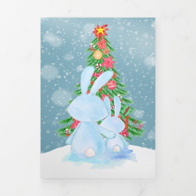 Christmas Bunny Rabbits With Tree Personalized Tri-Fold Holiday Card (Cover)