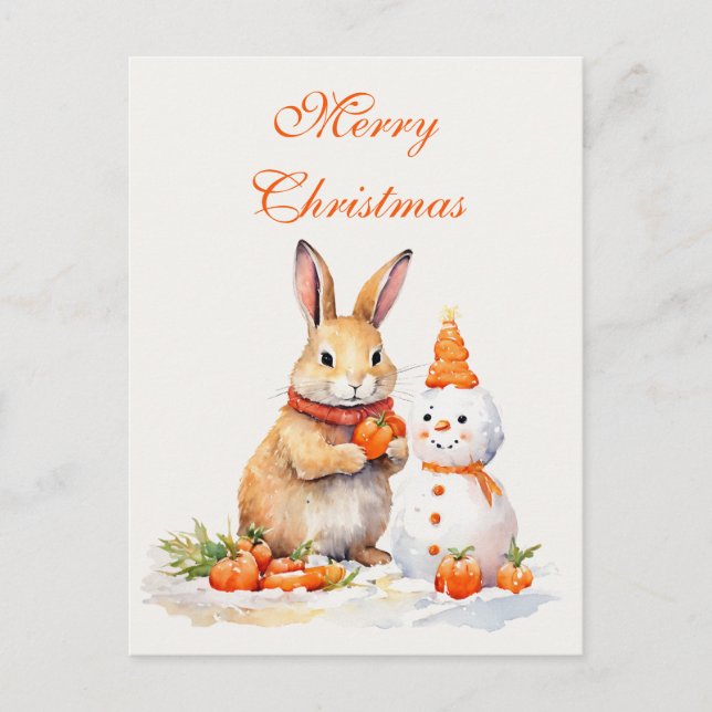 Christmas bunny snowman carrots watercolor postcard (Front)