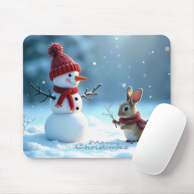 Christmas Bunny With a Snowman Mouse Pad (With Mouse)