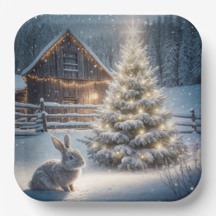 Christmas Bunny With Glowing Tree and Barn Paper Plate