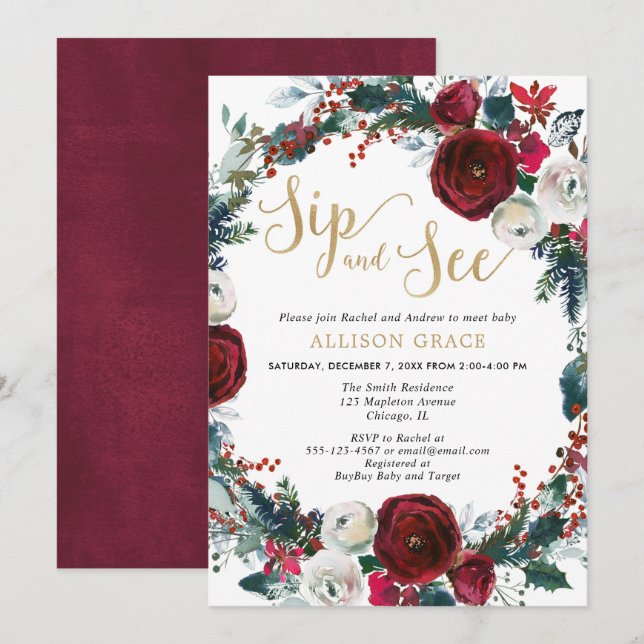 Christmas burgundy gold sip and see baby shower invitation (Front/Back)