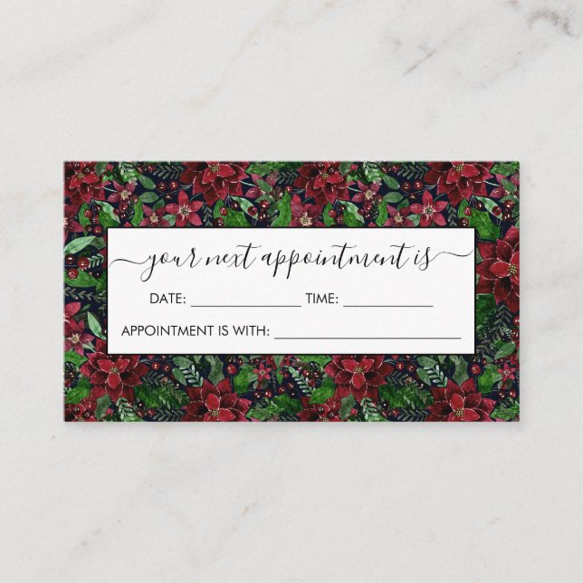 Christmas Burgundy Poinsettia Flowers Watercolor Appointment Card (Front)