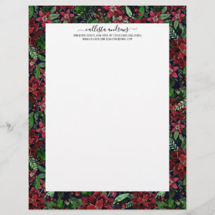 Christmas Burgundy Poinsettia Flowers Watercolor Letterhead