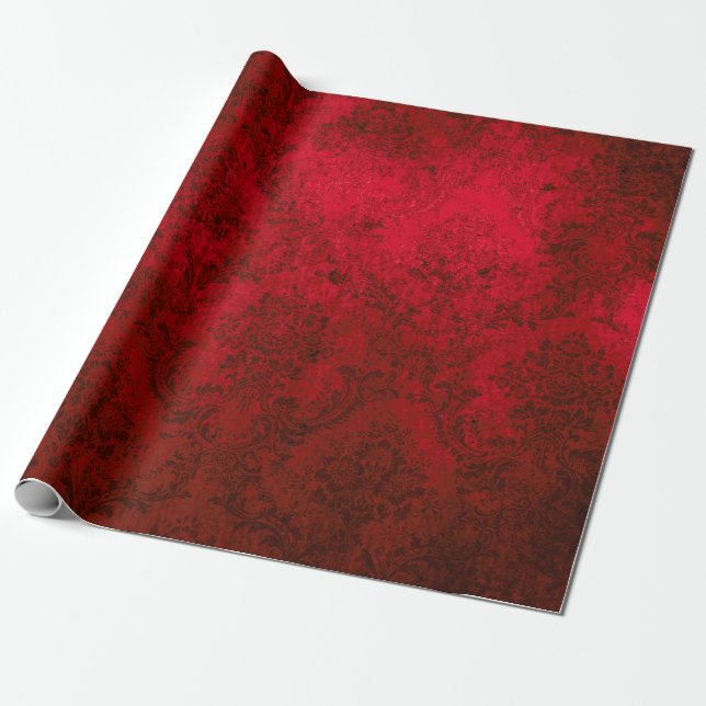 Christmas Burgundy Red Grunge Damask Wrapping Paper (Unrolled)