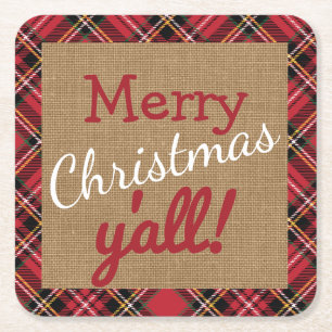 Christmas Burlap Southern Yall Plaid Decor Gift Square Paper Coaster