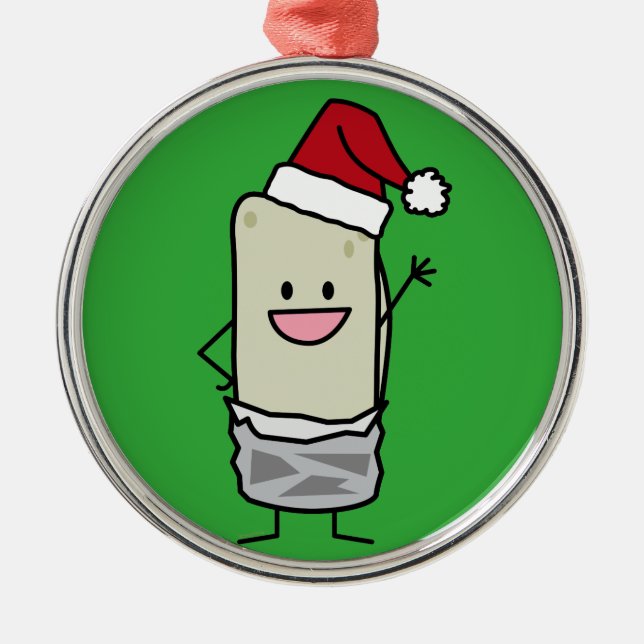 Christmas Burrito Waving Hello Santa Hat Holiday Metal Ornament (Front)