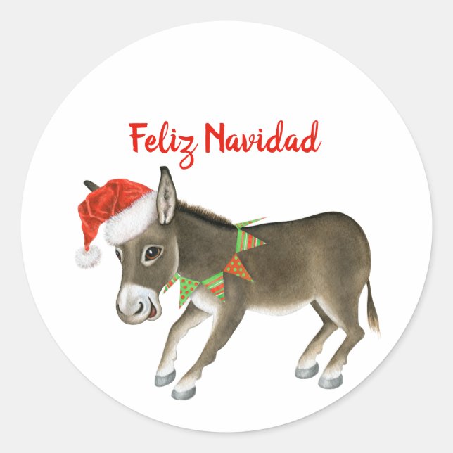 Christmas Burro Feliz Navidad Customizable Classic Round Sticker (Front)