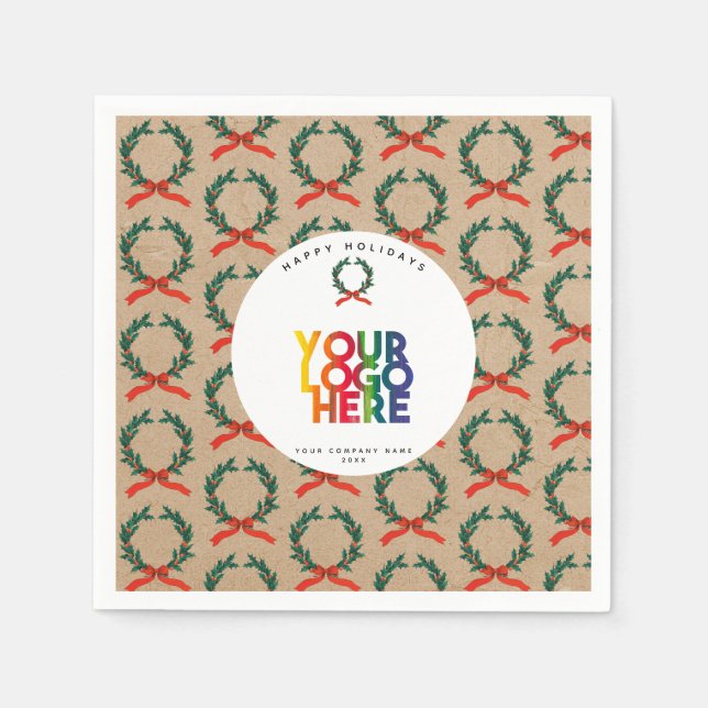 Christmas Business Logo Vintage Wreath Kraft Napkin (Front)