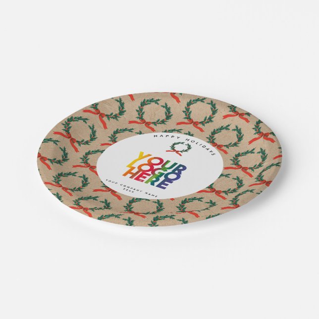 Christmas Business Logo Vintage Wreath Kraft  Paper Plate (Angled)