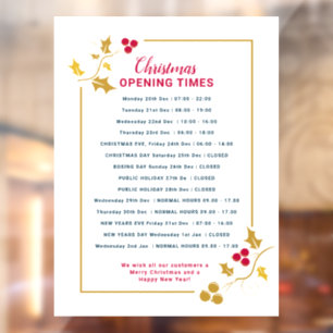 Christmas business opening times, gold red holly window cling
