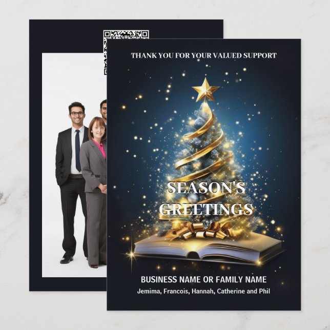 Christmas business tree open book DIY qr code logo Holiday Card (Front/Back)