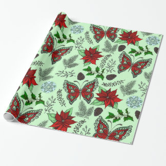 Christmas Butterfly Poinsettia Holly Wrap Paper