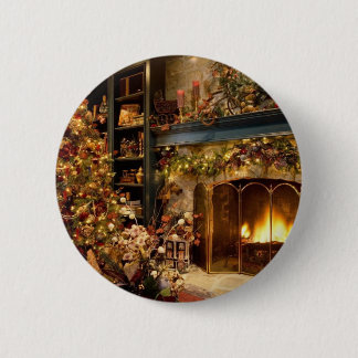 Christmas by the fireplace 2 inch round button
