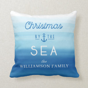 Christmas By The Sea Coast Blue Ombre Typographic Throw Pillow