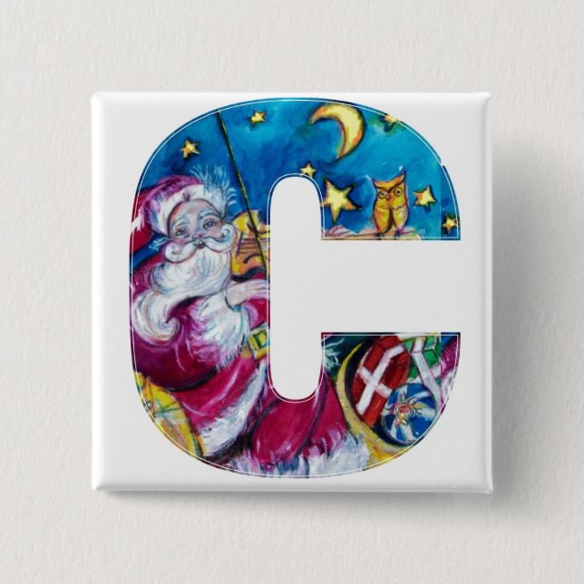 CHRISTMAS C LETTER / INSPIRED SANTA MONOGRAM 2 INCH SQUARE BUTTON (Front)