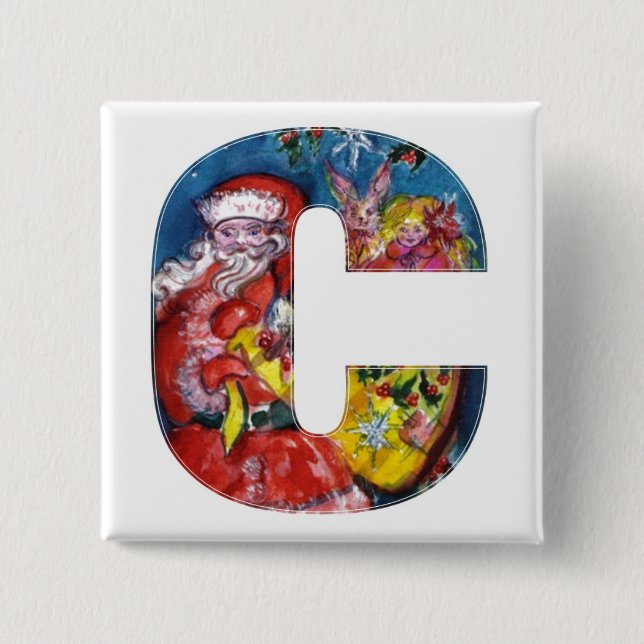 CHRISTMAS C LETTER  / SANTA  WITH GIFTS MONOGRAM 2 INCH SQUARE BUTTON (Front)