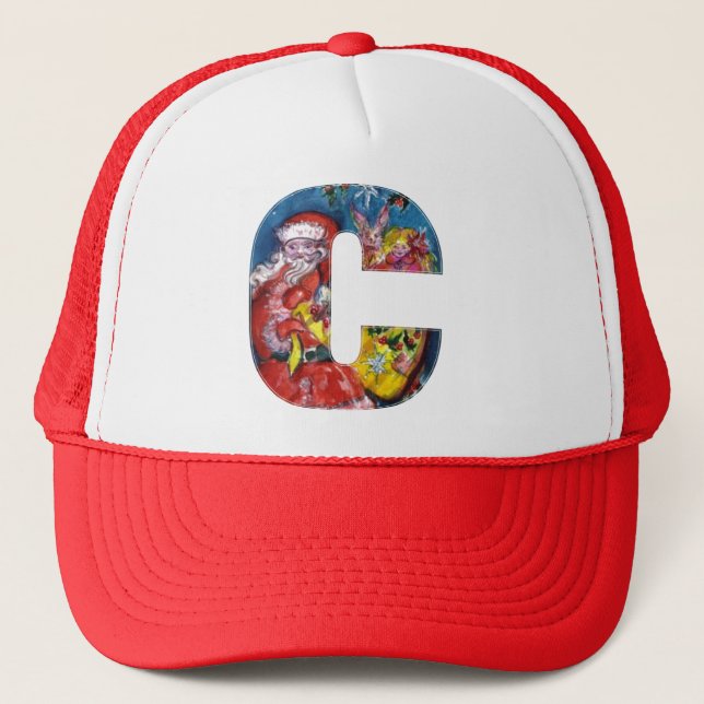 CHRISTMAS C LETTER  / SANTA  WITH GIFTS MONOGRAM TRUCKER HAT (Front)