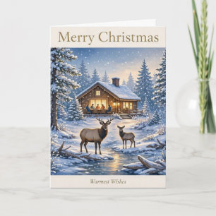 Christmas Cabin by the Creek • Elk & Deer Winter Card