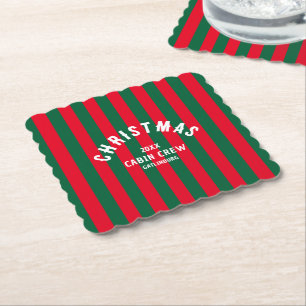 Christmas Cabin Crew Custom Red Green Stripe Paper Coaster