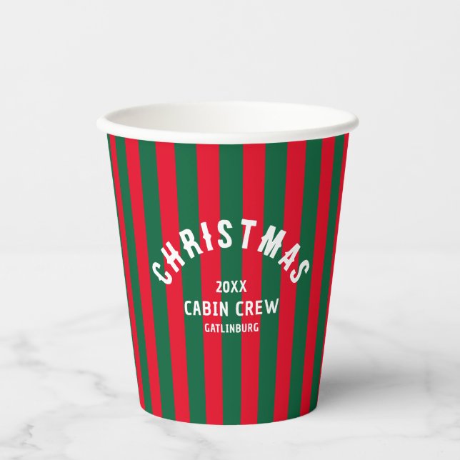 Christmas Cabin Crew Custom Red Green Stripe Paper Cups (Front)
