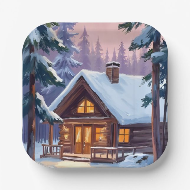 Christmas Cabin Forest Winter Snow Holiday Paper Plate (Front)