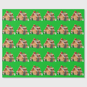 Christmas Cabin Green Wrapping Paper