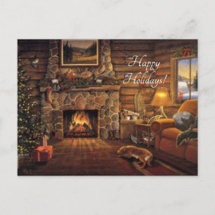 Christmas cabin holiday postcard
