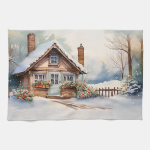Christmas Cabin in snowy landscape Kitchen Towel