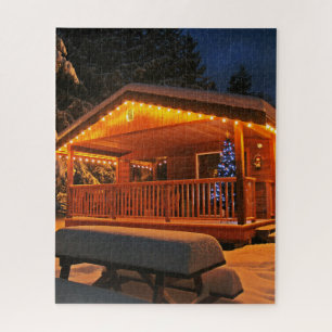 Christmas cabin snow night jigsaw puzzle