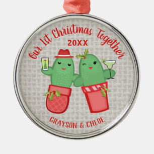 Christmas Cactus Couple First Holiday Succulent Metal Ornament