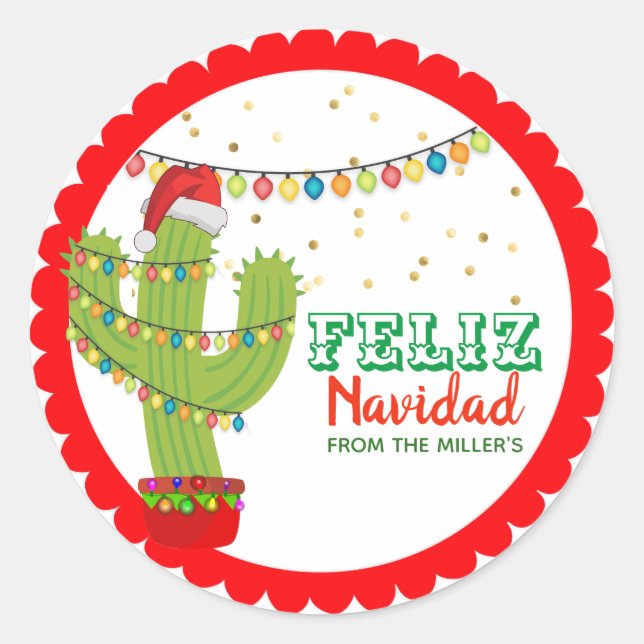 Christmas Cactus Feliz Navidad Classic Round Sticker (Front)