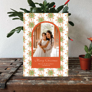 Christmas Cactus Floral Striped Photo Christmas Holiday Card
