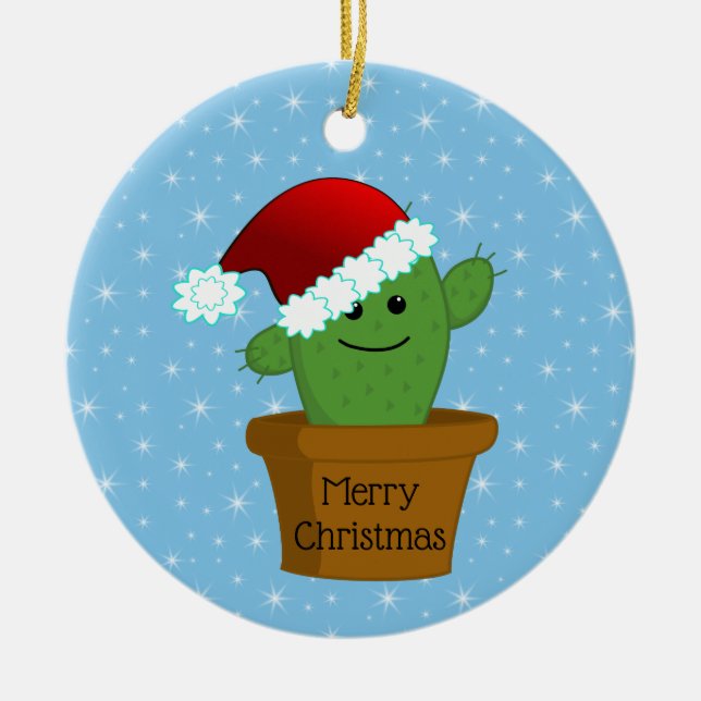 Christmas Cactus in a Santa Hat Ceramic Ornament (Front)