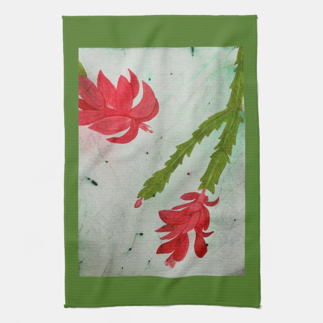 Christmas Cactus watercolor Kitchen Towel (Vertical)