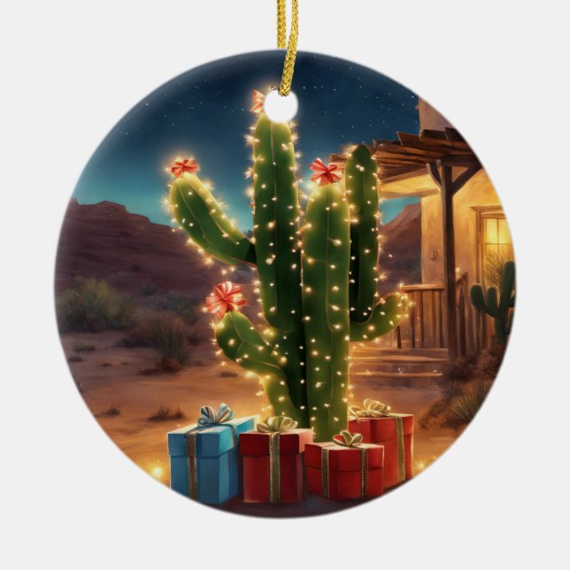 Christmas Cactus With Presents In Front Of A House Ceramic Ornament (Front)
