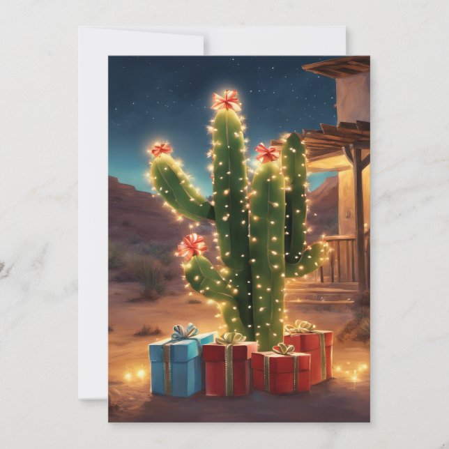 Christmas Cactus With Presents In Front Of A House Holiday Card (Front)